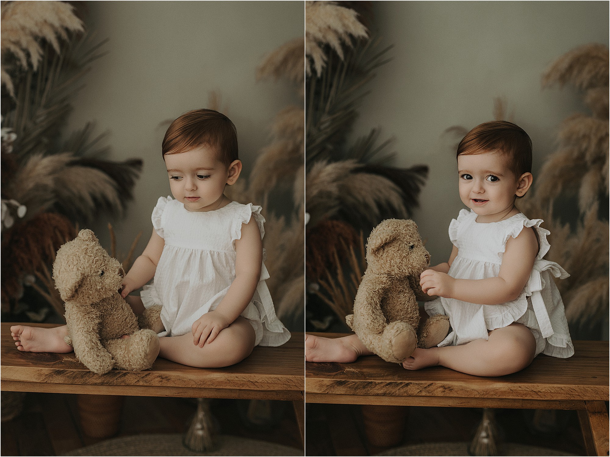 Retratos de bebé de un año con un osito de peluche en el estudio