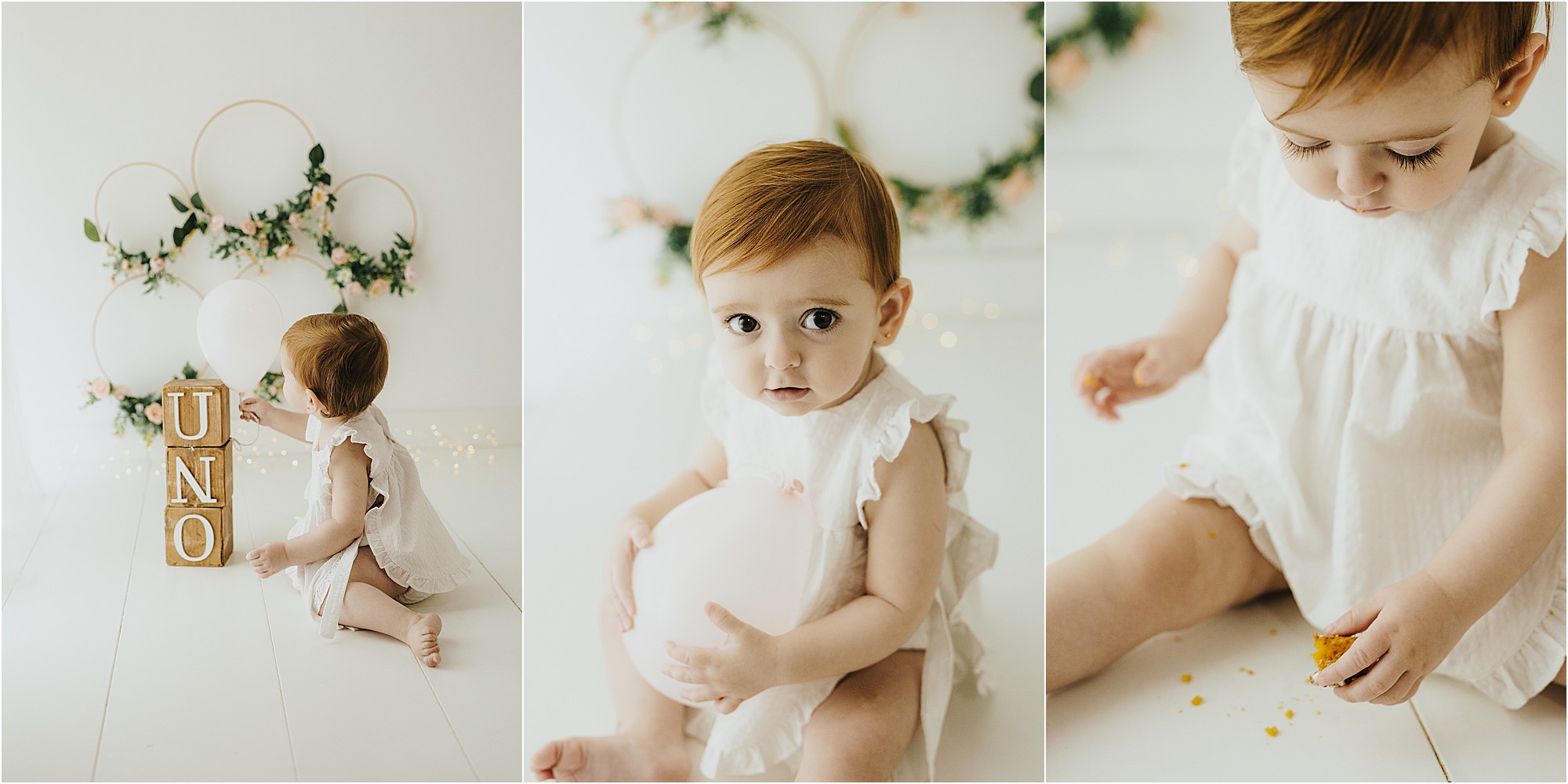 Retratos de primer cumpleaños con decoración natural, globos y bloques de madera