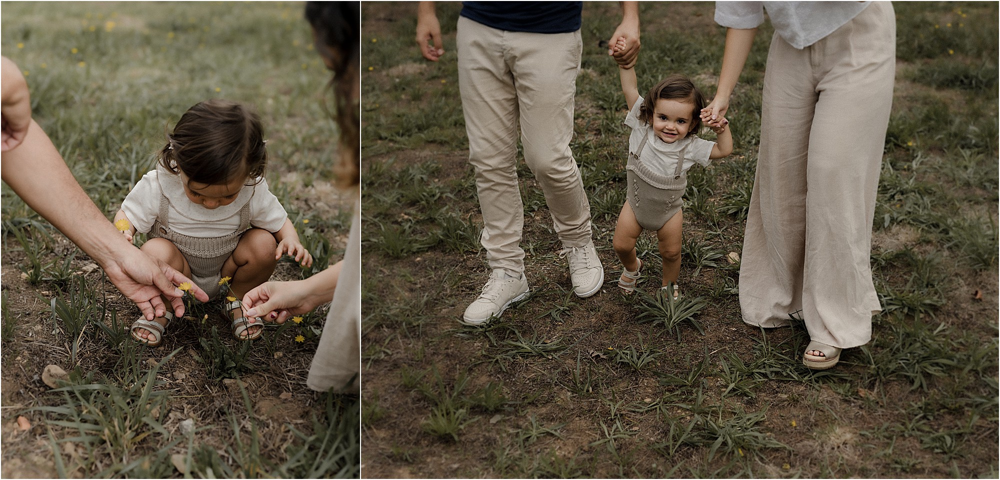 Primeros pasos de una niña entre sus padres en un jardín