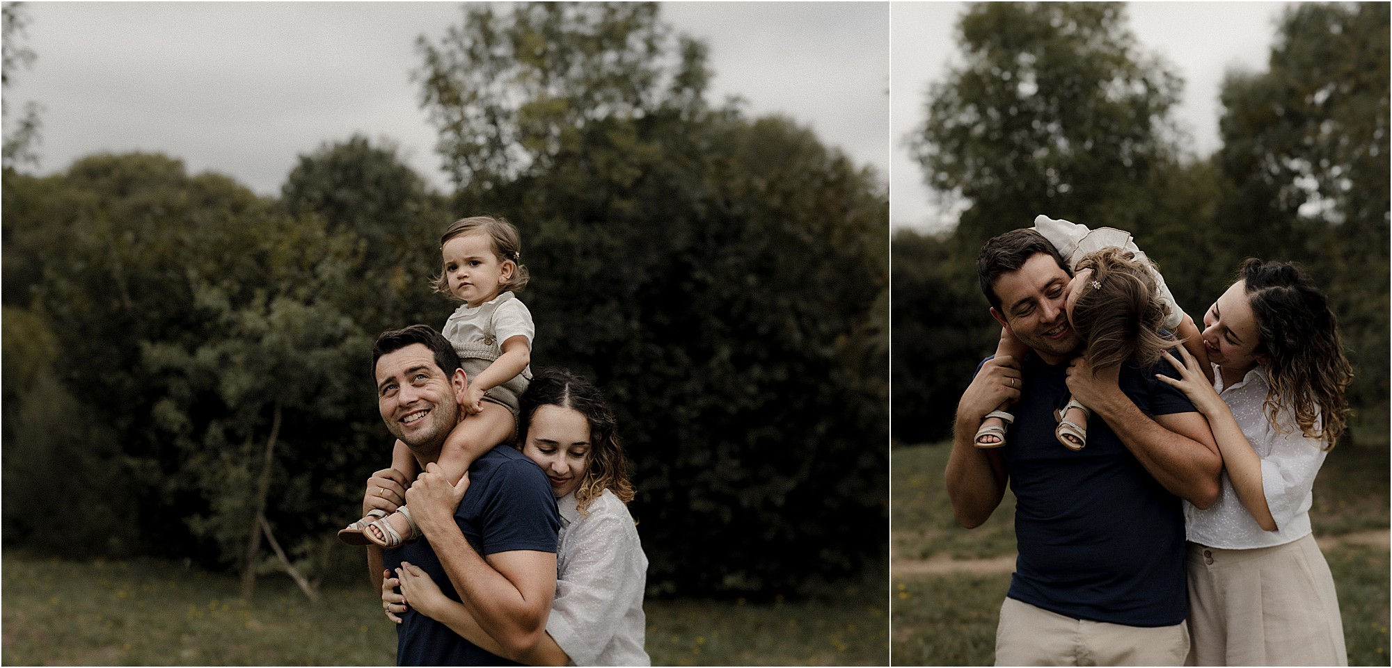 Padre llevando a su hija sobre los hombros en una sesión familiar