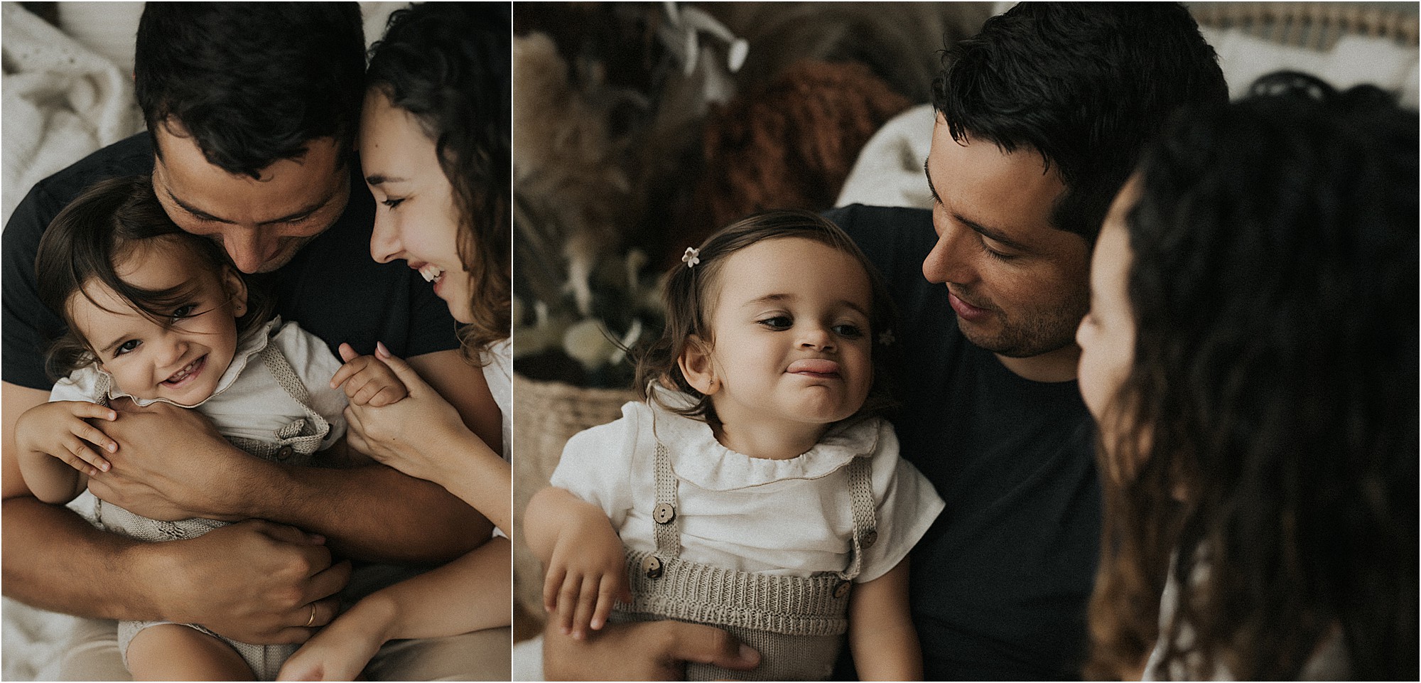 Padres abrazando a su hija durante una sesión familiar en el estudio