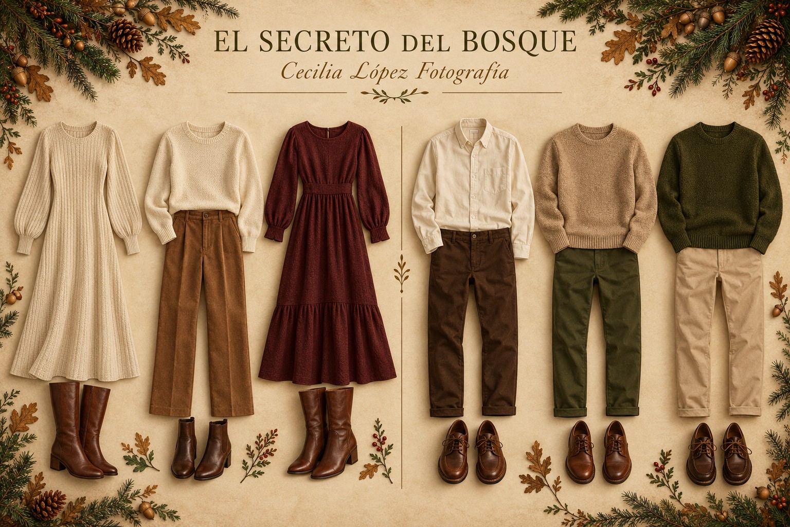 Seis opciones de vestuario para mamá y papá en tonos crudo, camel, burdeos, oliva y marrón