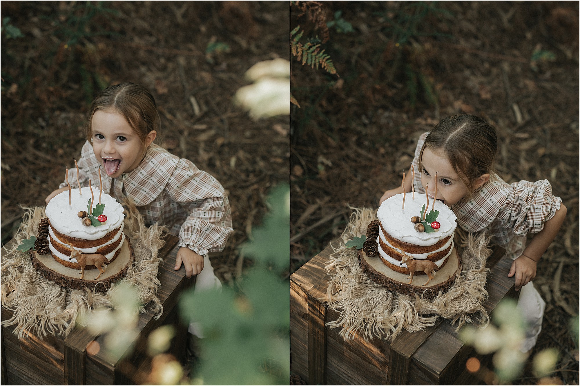 Aria y su tarta en una sesión de fotos de cumpleaños en otoño