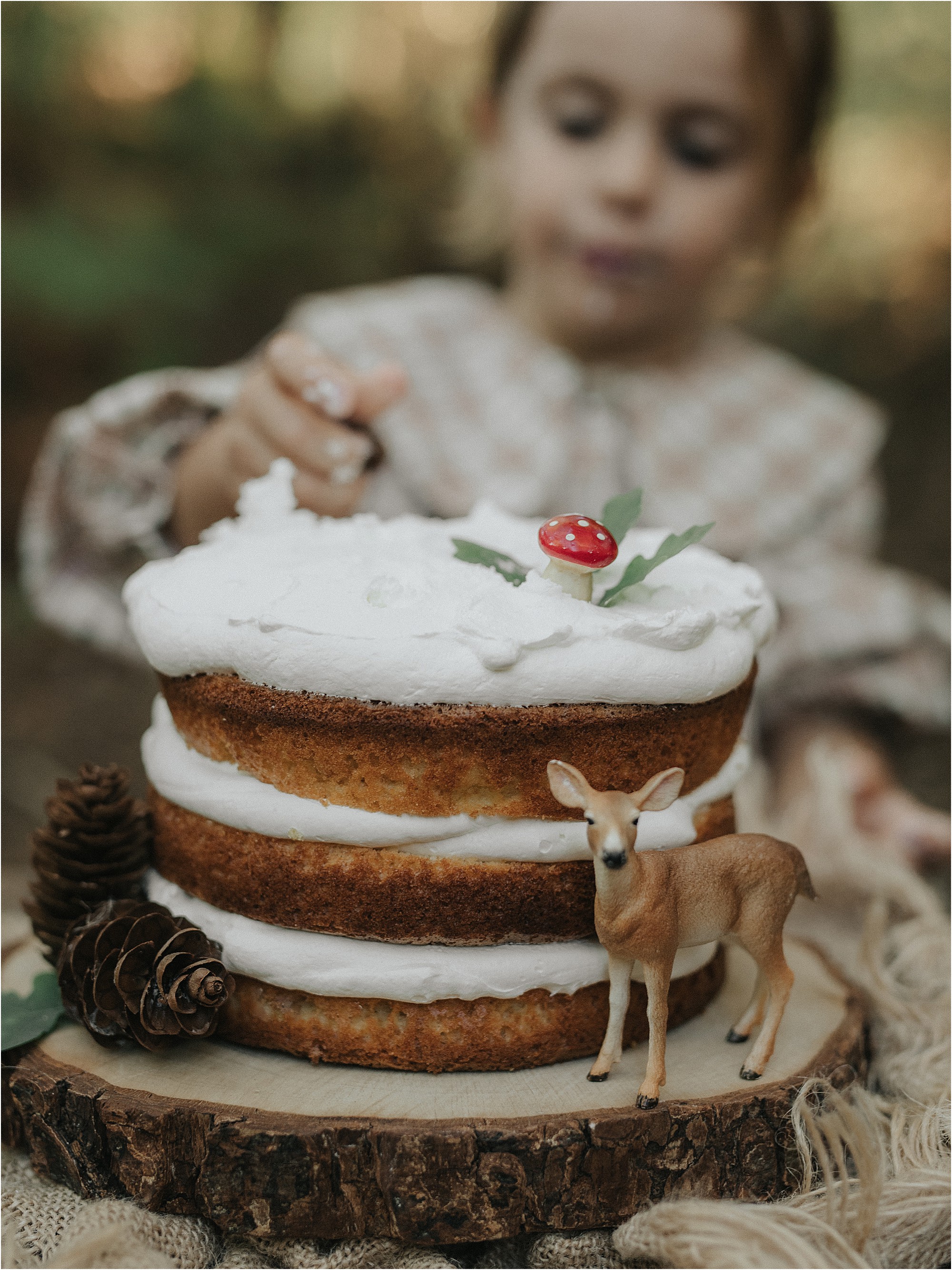 Detalle de la tarta de la sesión de cumpleaños en el bosque
