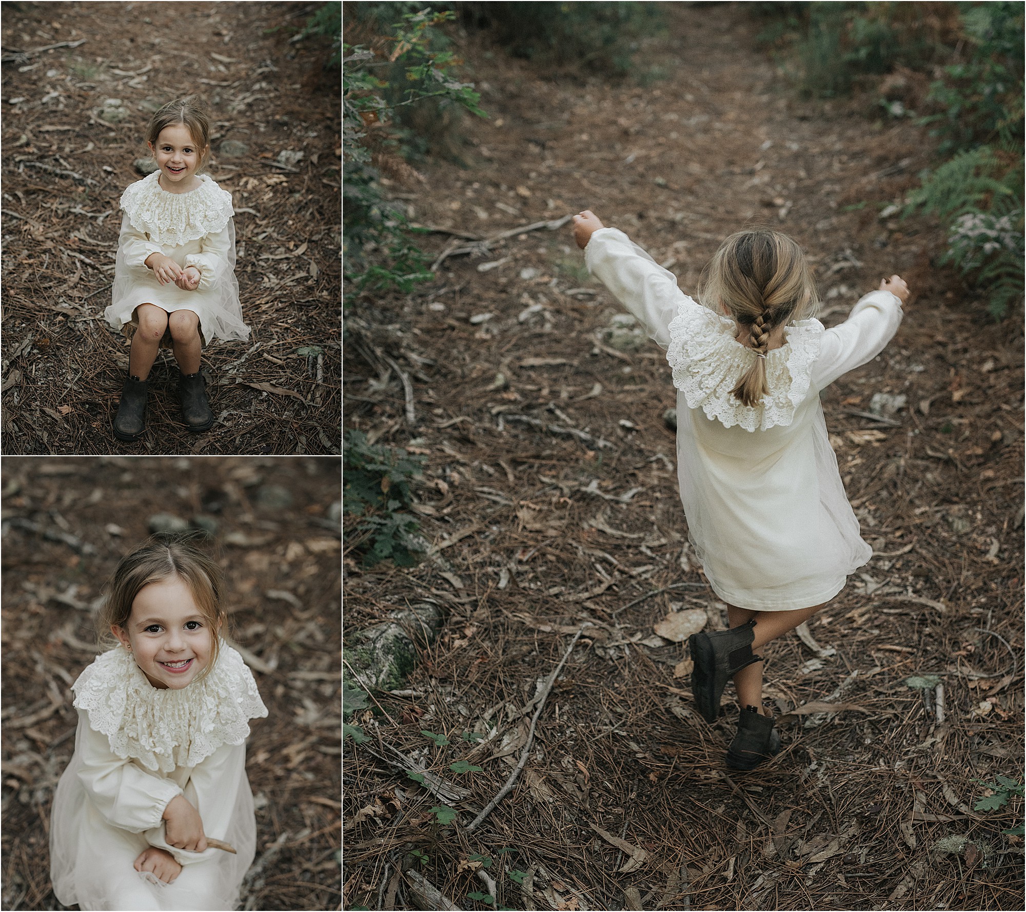 Aria jugando entre los árboles en otoño